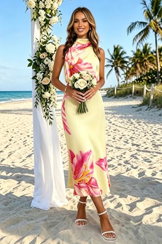 Image of Women's Satin Maxi Dress Summer Formal Wedding Guest Cocktail Dress | Mock Neck Sleeveless,Elegant Silk Midi Long Dress,High Neck,Halter,Aline,Bridesmaid,Bridal Shower Guest,Garden Party,Dinner