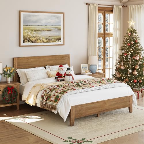 Cozyman Bed Frame Queen Size, Acacia Wood Platform with Headboard, No Box Spring Needed, 800lb Capacity, Non-Slip Without Noise, Easy Assembly, Dark Wood