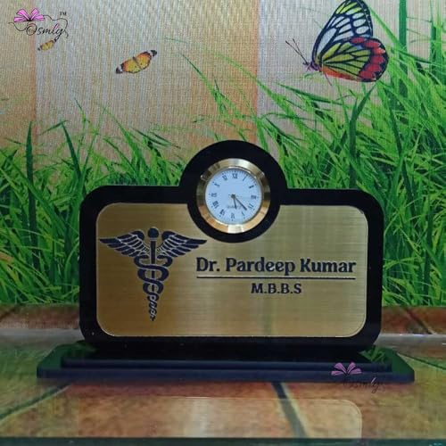 Image of Acrylic Laser Engraved Table Sign Stand, Laser Engraved Sign or Name Plate for Doctor, Teacher, Advocate, Medical, Proprotor office or personal use (Acrylic Table Name Plate with Clock)