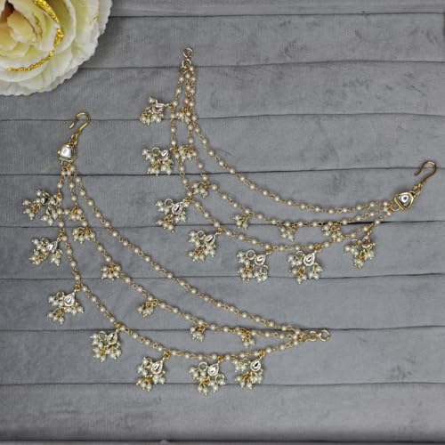 Image of Traditional Gold Plated Alloy Ear Chain Pair with Kundan & Pearl Dangling Design | 3 Layer Bridal Ear Chain for Women