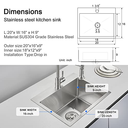 20-Inch Drop In Kitchen Sink, Tsibomu Stainless Steel Single Bowl Small Kitchen Sink Brushed Nickel, 20X16X9 #TOP2