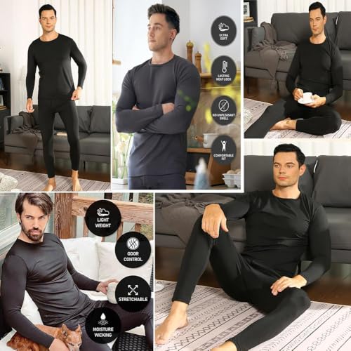 Mens Thermal Underwear Set Lined Long Johns,Thermal Underwear Sets Ultra Soft Long Johns Base Layer Lined Warm Top Bottom Dark Gray4