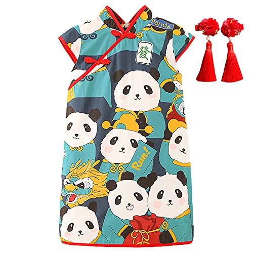 Girls Chinese Cheongsam Dress Panda Print Summer Sleeveless Princess Party Qipao with Fringed Hairpin