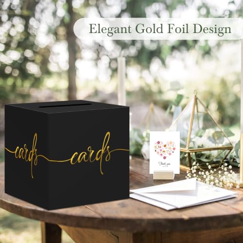 Image of Black Card Box with Gold Foil Design, Paperboard 8.7 inch Gift Card Holder for Wedding Graduation Birthday Party Reception Retirement Anniversary Bridal & Baby Shower