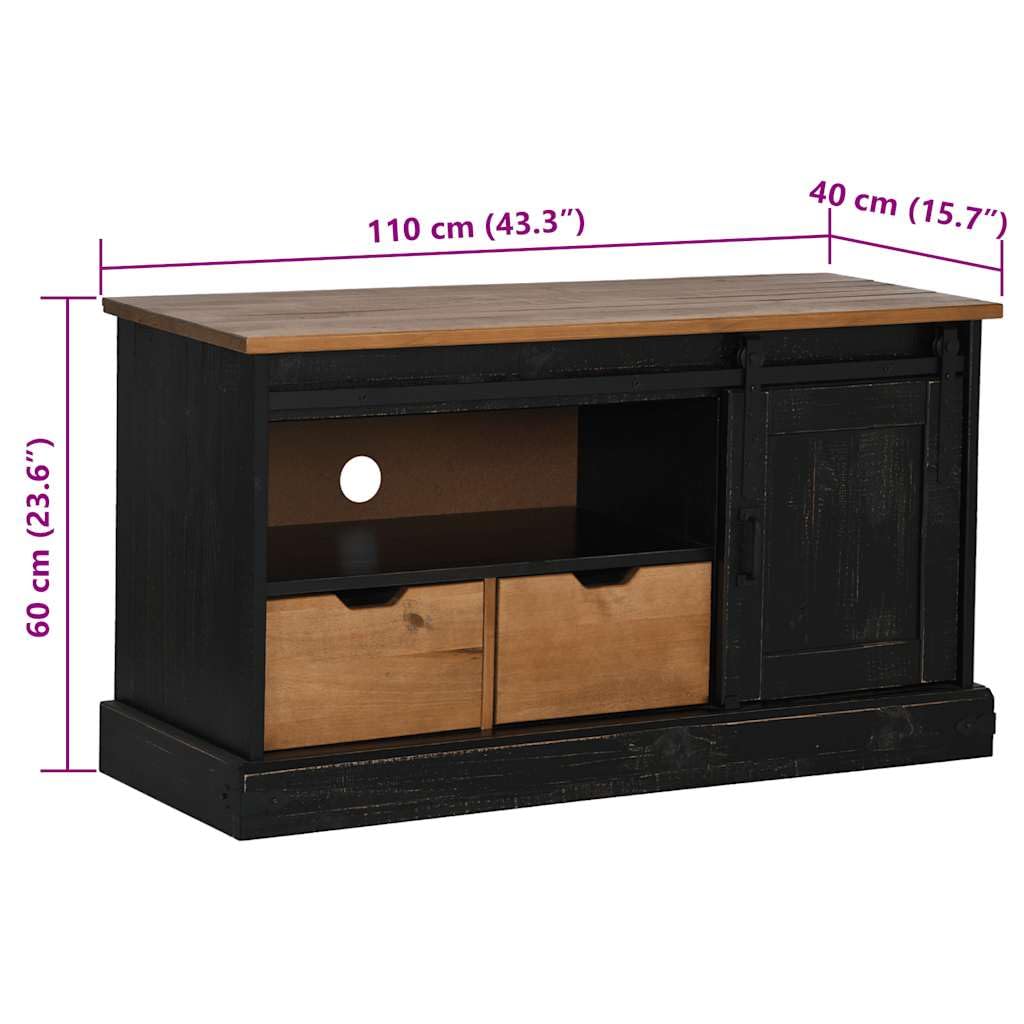 Mobile Porta TV HALDEN Nero con Anta Scorrevole in Legno Massello di Pino e Metallo 110x40x60 cm con Due Cassetti e Ripiani per Soggiorno, Camera, Consolle, Supporto TV, Scaffale, Credenza