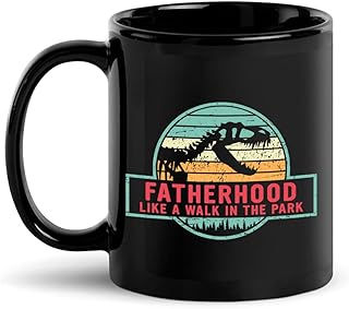 Vintage Fatherhood Mugs, Fatherhood Like A Walk In The Park, Father's Day Mug Gift, Gifts For Dad From Daughter Son, Gifts For Husband From Wife, Grandfather, Grandpa T-rex Black Coffee Mug