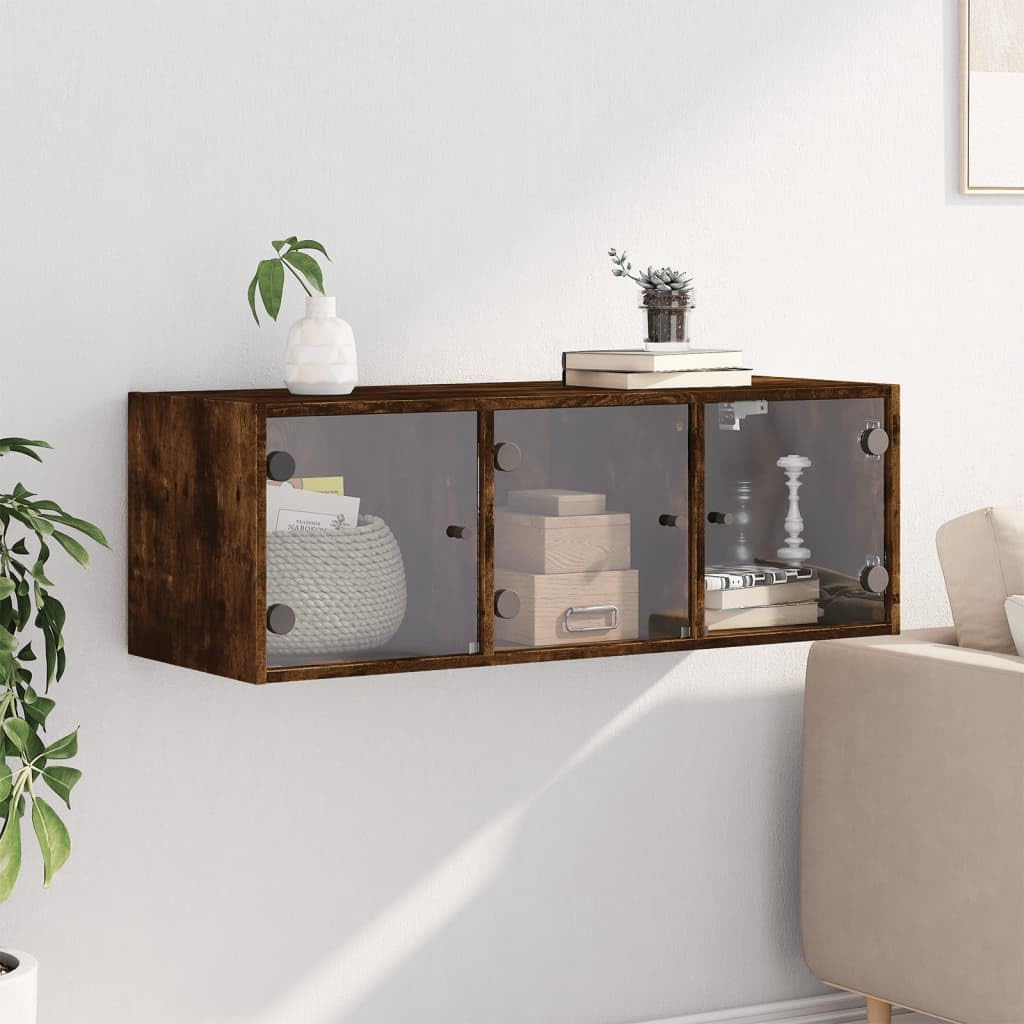 Wandschrank mit Glastüren Räuchereiche 102x37x35 cm Holzwerkstoff Hängeschrank mit Stauraum und Fächern für Büro Wohnzimmer Flur zur Wandmontage und geordneter Aufbewahrung
