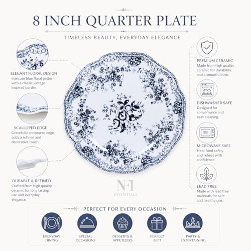 Image of NFI essentials 9 inch Ceramic Quarter Plate with Elegant Blue Floral Design, Premium Serving Plate for Snacks, Desserts, Breakfast & Appetizers, Dishwasher Safe Kitchen Plate