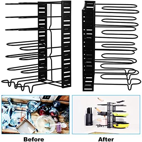 Coolty Adjustable Pan Pot Organizer Rack, 8 Tiers Pans Pots Lids Holder Stand for Kitchen Pantry Cupboard Cabinet Storage, 3 DIY Methods