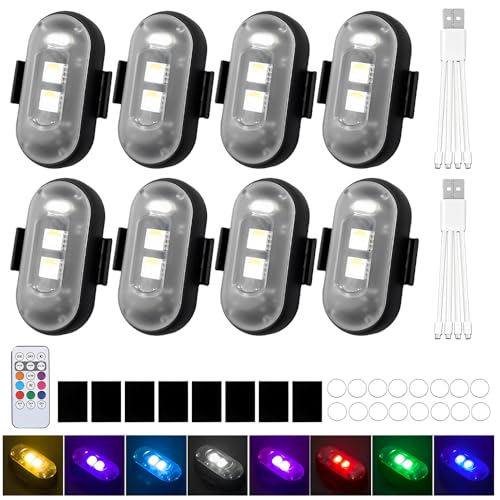 Kabellose Led Lichter WDKXCN 8 Stück Strobe Drone Light 8 Farben Led Blitzlicht mit Fernbedienung L-ed Flugzeug Blitzlichter Flylights Unterbodenbeleuchtung für Auto Motorrad Drohne Roller
