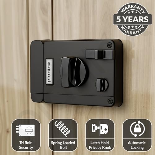 Image of Plantex Heavy Duty Rim Locks for Main Door /Door Lock for Main Door with 4 Keys /Suitable for Inside Opening Wooden Door - Pack of 1 (Z-Black)