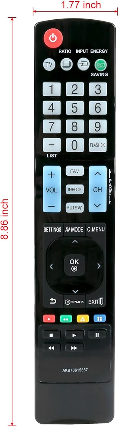 VINABTY AKB73615337 remote control with dimensions: 8.86 inches length, 1.77 inches width