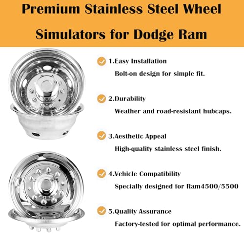 Image of 19.5 inch Polished Stainless Steel Dually Wheel Simulator Set, 10 Lug 5 Hand Hole Design, Durable Attractive Bolt-On Hubcaps with Tools, Fits 2012-2025 Dodge Ram 4500 /5500 19F6