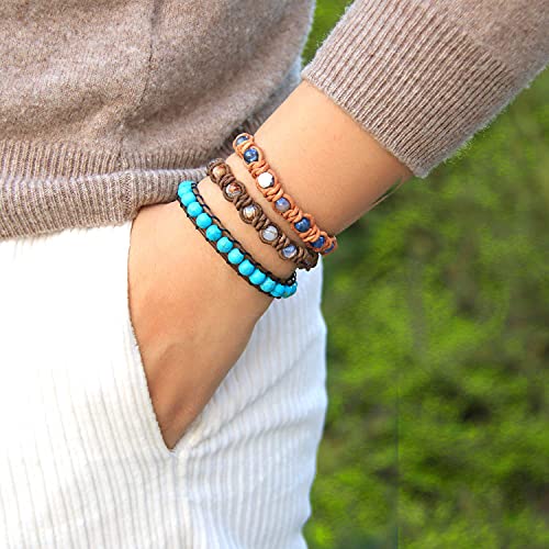 KELITCH New Turquoise Bracelets Skull Beaded Wrap Bracelet on Brown Leather Bracelets Handmade Jewelry2