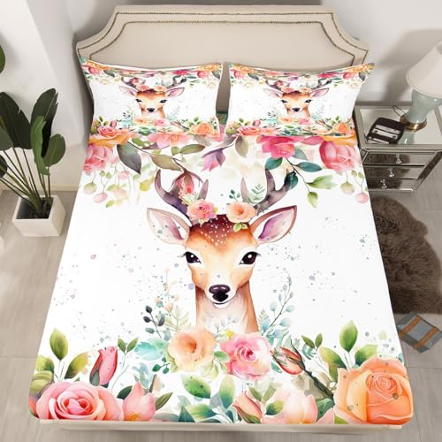 Erosebridal Sika Deer Fitted Sheet for Boys Girls Cute Cartoon Animal Bedding Kids Teens Lovely Fawn Print Bed Sheets Pink Flower Decor Bed Set Queen Size 3 Pcs Spring Theme Bedding with 2 P
