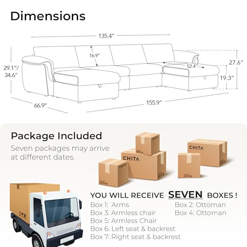 Image of CHITA Extra Large Sectional Couches for Living Room, Cloud Modular Sectional Sofa with Chaise, Ottoman with Storage, 4 Seater U Shaped Sectional Couch, Chenille in Cream