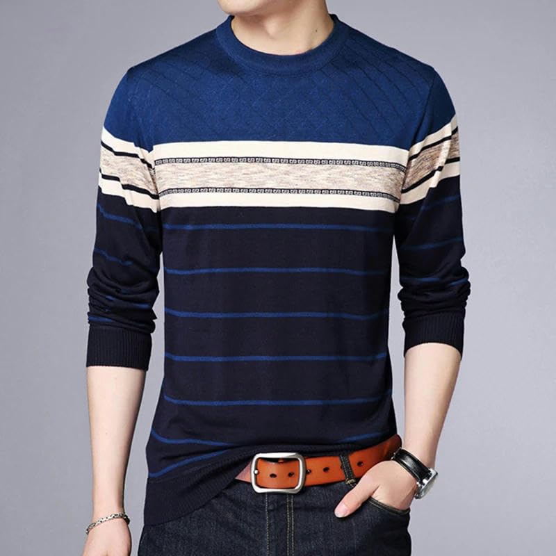 Men's Striped Knitted Sweater Casual Striped Knit Spring and Autumn Long Sleeved Pullover Men's Crew Neck Sweater4