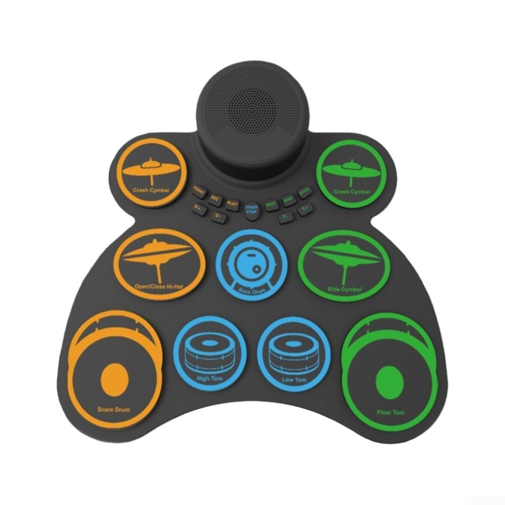 Zoegneer Set di batteria elettronica portatile con 9 cuscinetti arrotolabili, con uscita altoparlanti integrati e jack per cuffie, kit di pratica in silicone, per viaggi, casa, studio, nero