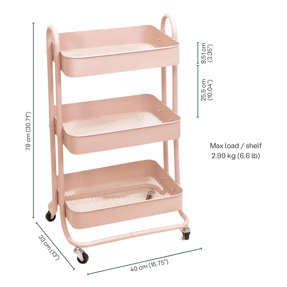 Craftelier Metalowy wózek organizacyjny z 3 tacami, kolor różowy, 4 kółka obrotowe o 360° z hamulcami, przybliżony rozmiar: 78 x 40 cm