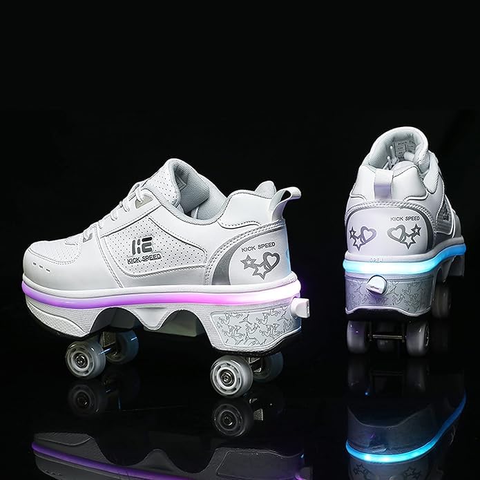 Image of Bequest Roller Skates for Women Outdoor,Shoes with Wheels for Girls /Boys,Kick Rollers Shoes Retractable Adults /Kids,Quad Roller Skates Men,Unisex Skating Shoes Recreation Sneakers, White (34 Euro)