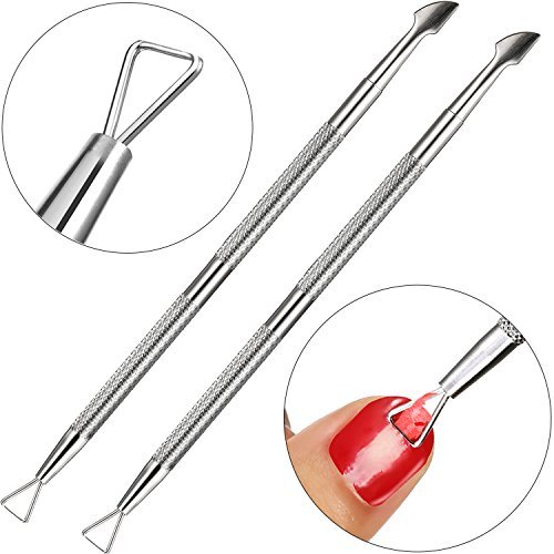 TOODOO 2 Pack Double Head Cuticle and Gel Nail Polish Pusher Cuticle Remove Tool Set Stainless Steel Triangle Cuticle Pusher