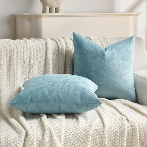 Image of FUTEI Pack of 2 Velvet Throw Pillow Covers 18x18 Inch Soft Embossed Leaf-Relief Textured Decorative Cushion Cases Modern Natural Farmhouse Accent for Couch Bed Living Room, Grey Blue