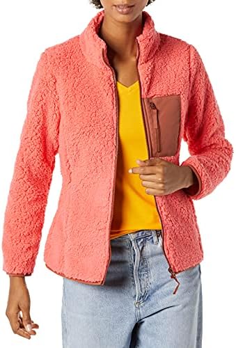 Amazon Essentials Women's Sherpa Long-Sleeve Mock Neck Full-Zip Jacket with Woven Trim (Available in Plus Size), Coral Pink/Tobacco Brown, Large