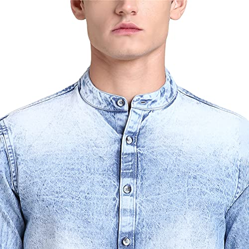 Image of Dennis Lingo Men's Solid Denim Cotton Slim Fit Full Sleeve Mandarin Collar Casual Shirt