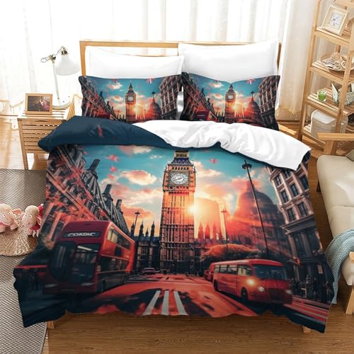 Housse de couette impression 3D Londres parure de lit microfibre douce avec zip 220x240