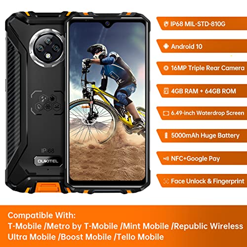 Oukitel Wp8 Pro Unlocked Rugged Smartphone, 6.49" Screen Rugged Phone, 4Gb Ram 64Gb Rom, 5000Mah Battery Ip68 Waterproof Rugged Cell Phone, Android 10, Dual Sim 4G, 16Mp Triple Cameras, Nfc, Orange #TOP1