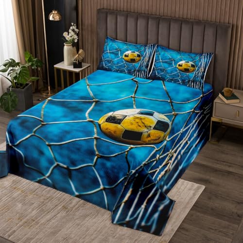 jejeloiu Retro Soccer Bedspread Queen Size Kids Football Ball Game Coverlet Set for Boys Girls Teens Goal Net Quilted Coverlet Breathable Gift for Football Lover Bedroom Decor