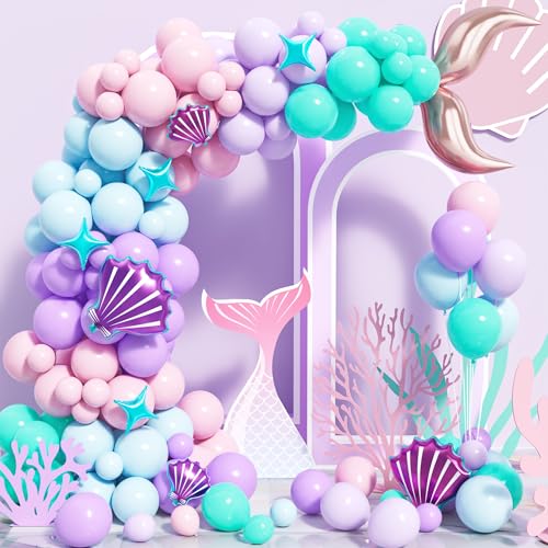 Kit De Arco De Globos Sirena, 123 Piezas Guirnalda De Globos Pastel Morado Rosa Verde Azulado Con Globo Caparazón Púrpura Para Niña Decoraciones Fiesta Temática Cumpleaños Sirena y Océano Bajo el Mar