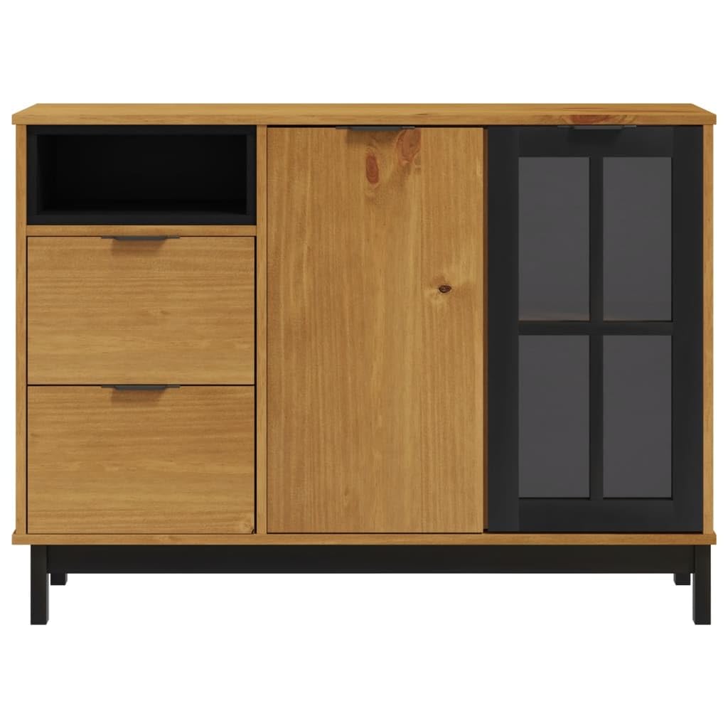 Komoda ze szklanymi drzwiami FLAM 110 x 40 x 80 cm, lite drewno sosnowe, salon, korytarz, jadalnia, solidne wzornictwo, miejsce do przechowywania, drewniane nogi, drzwi drewniane i szklane