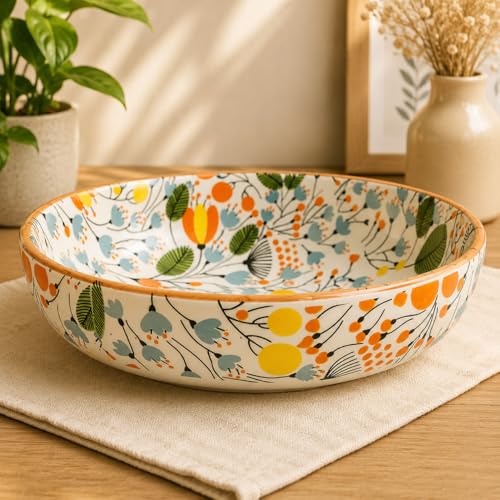 Image of Niyara Meadow Bloom Ceramic Serving Bowl Set of 2 | Premium Handmade Floral Salad & Pasta Bowls | Decorative Tableware for Dining & Gifting