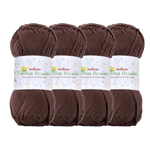 Image of Vardhman 100% Cotton Dreamz Light Weight Natural Thin Yarn | Pack-4 100g | Knitting & Crochet Projects | Soft Natural Yarn | Ideal for Garments, Summer Wear & Accessories | Brown, CJD024 P4