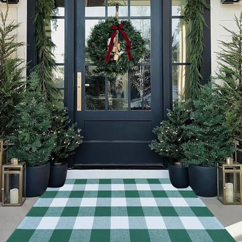CAINANEL Green and White Buffalo Plaid Outdoor Rug Spring Door Mat Layering Rug Welcome Doormats for Spring Easter Farmhouse Entrance Porch Outdoors Decor