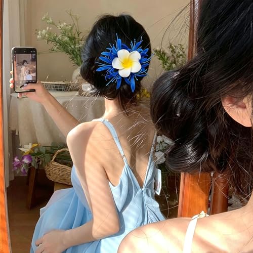 Pinzas para cabello con flores tropicales frangipani azul, 2 piezas miniatura 5