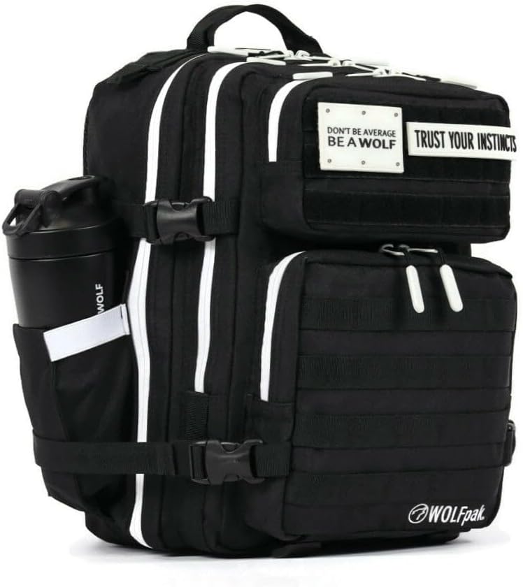 WOLFpak 25L Athletic Gym Backpack (Alpha Black w/White Accents) Durable 1000D Waterproof Oxford Material with MOLLE Webbing, Laptop Pocket & Dual Cup Holders