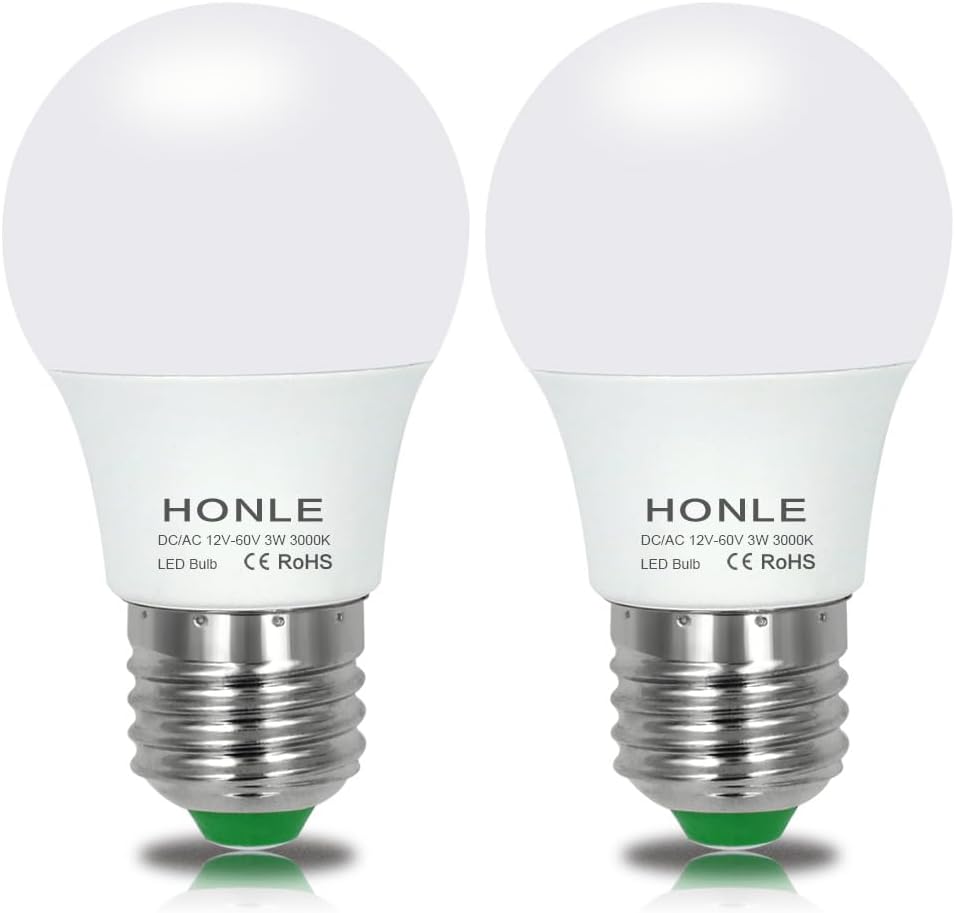 E26 LED Light Bulbs 3W 12V-60V AC/DC Low Voltage Warm White 3000K E27 Edison Standard Screw Base 24V 36V 48V 25W Equivalent for Off Grid Solar Panel Project, RV, Campers, Boat Marine, Pack of 2