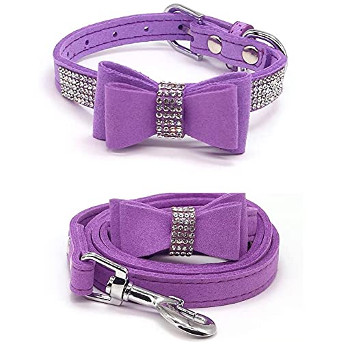Dog Collar With Leash Set Pet Collars And Leashes Adjustable Dog Cat Rhinestone Bowknot Crystal Bling Dog Collar For Small Dogs Medium Dogs Purple Xs #TOP20