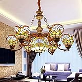 BBAYCHEER Baroque Pendant Lamp 7 Lights Bowl Tiffany Style Stained Art Glass Hanging Light Retro Creative Chandelier Fixture for Living Room Dining Room Chain Adjustable, Beige