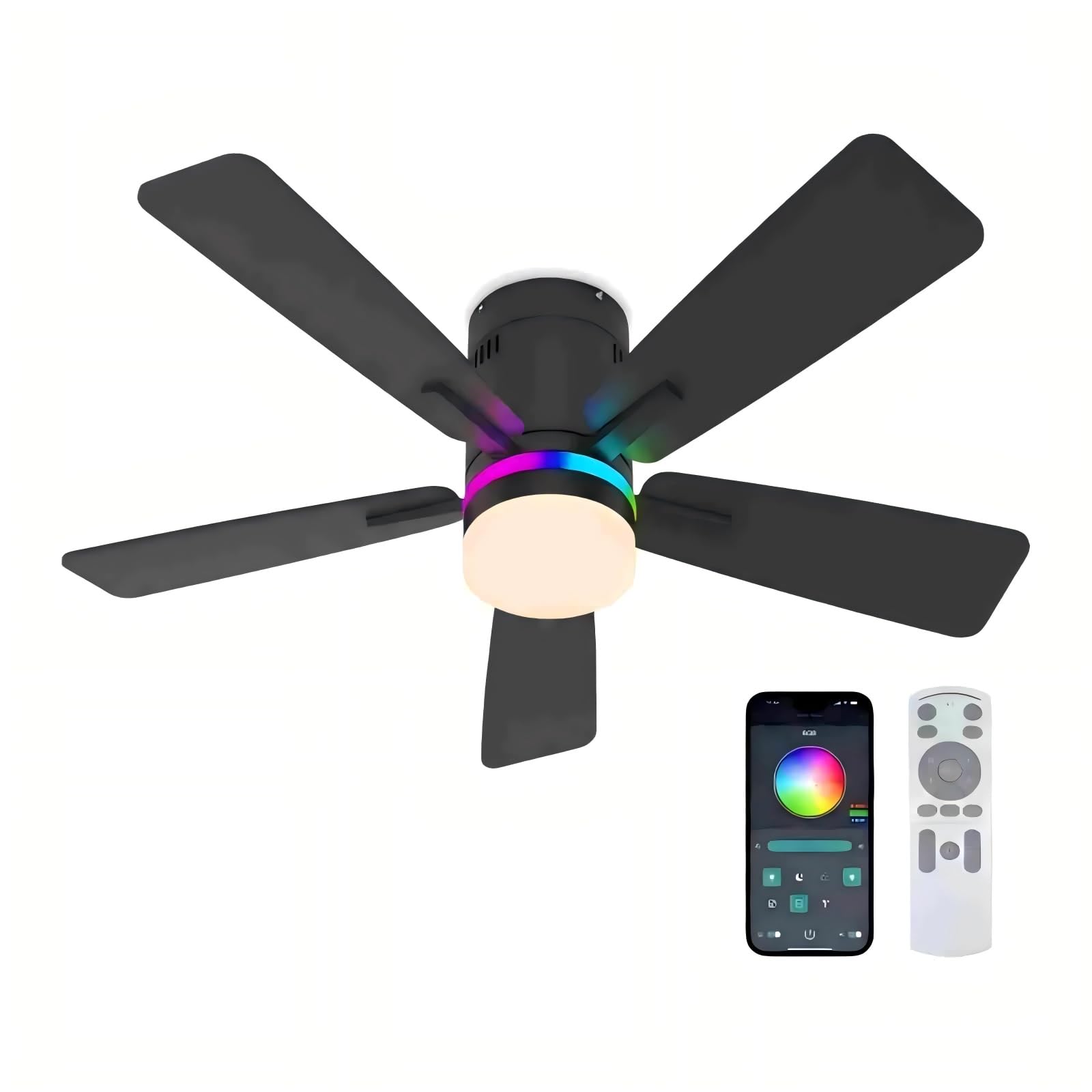 Deckenventilator mit RGB-Beleuchtung Schlafzimmer | Fernbedienung& App, 6 Stufen, Timer, 3CCT LED, Sommer-/Wintermodus, 5 Doppelseitige Flügel, Schwarz, für Wohn- & Schlafzimmer