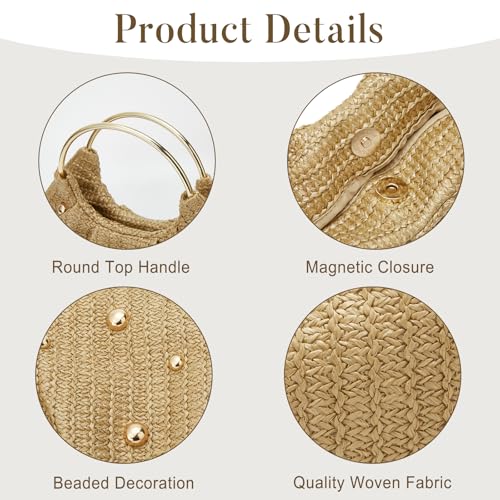 Image of Straw Woven Beach Bag 2026 Summer Beaded Top Handle Handbag Raffia Evening Purse Wedding Clutch Vacation Tote Wristlet Bag