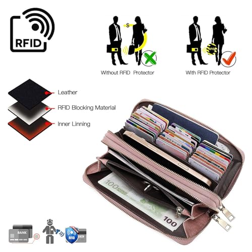 Image of Women Leather Wallet Crossbody Shoulder Bag with Double Zipper and Mobile Phone Purse with Shoulder Strap