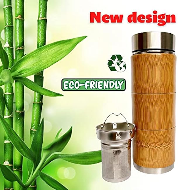 Insulated Bamboo Tea Tumbler with Infuser - Non-Slip, 16 oz Capacity