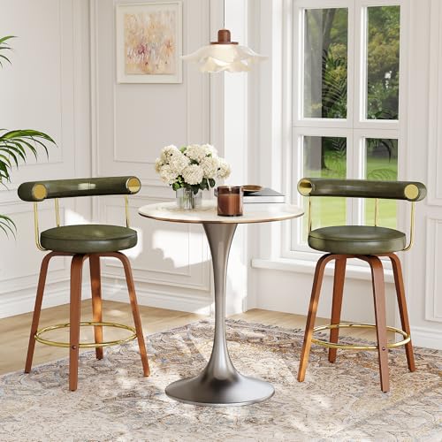 Image of Swivel Bar Stools Set of 2, 26 inch Counter Height Bar Chair, Barstools (Green) | TYBOATLE, Mid-Century Modern, Faux Leather, Bent Wooden Legs, Golden Footrests, Island, Kitchen