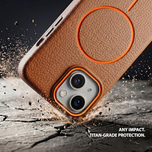 Image of amazon basics Luxury MagSafe Compatible Leather Texture Back Cover for iPhone 13 | Raised Camera Protection | Slim Fit Shockproof Case with Metallic Accents (Orange)
