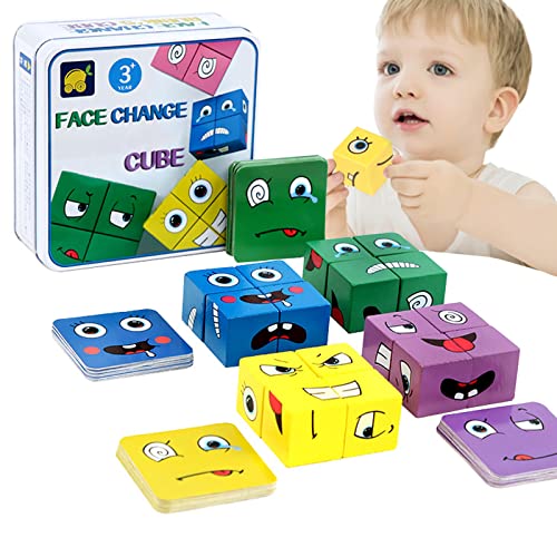 3T6B Wooden Expressions Matching Block Puzzles, Face-Changing Cube Building Blocks Educational Montessori Game Toys for Kids, Christmas Birthday Gift for Boys and Girls