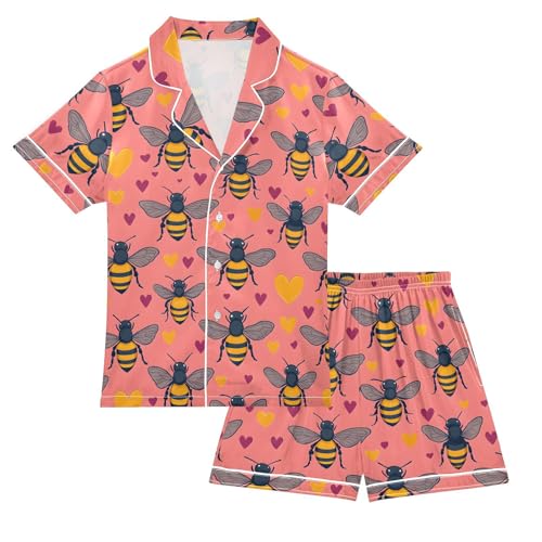 ALAZA Bee Love Heart Cartoon Satin Pajamas Set Short Sleeve Button Down Sleepwear Summer Pjs 2 Piece