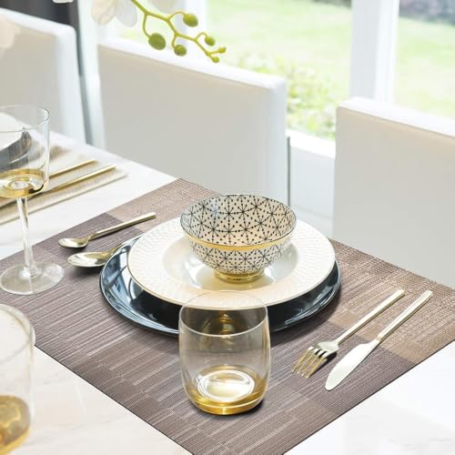 Image of GDNK Washable PVC Heat Resistant Colorful Place Mats for Kitchen Dining Table Mates Washable Heat-Resistant for Dining Table (4 Pack) (Brown & Gold)